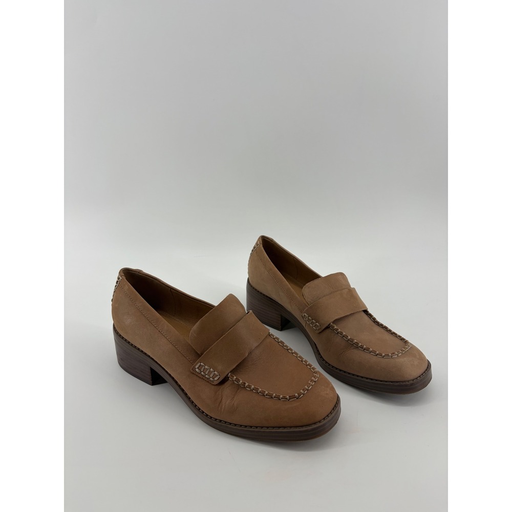 Crown Vintage Womens 8.5 Tan Leather Hazell Penny Loafers Block‎ Heel Whipstitch